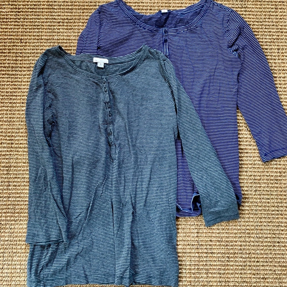 Gap (2) shirts striped 3/4 length Henley style blue grey